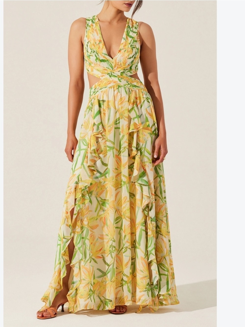 ASTR the Label Noya Maxi Dress XS Yellow Green Floral Chiffon Cut-Out Lace-Up